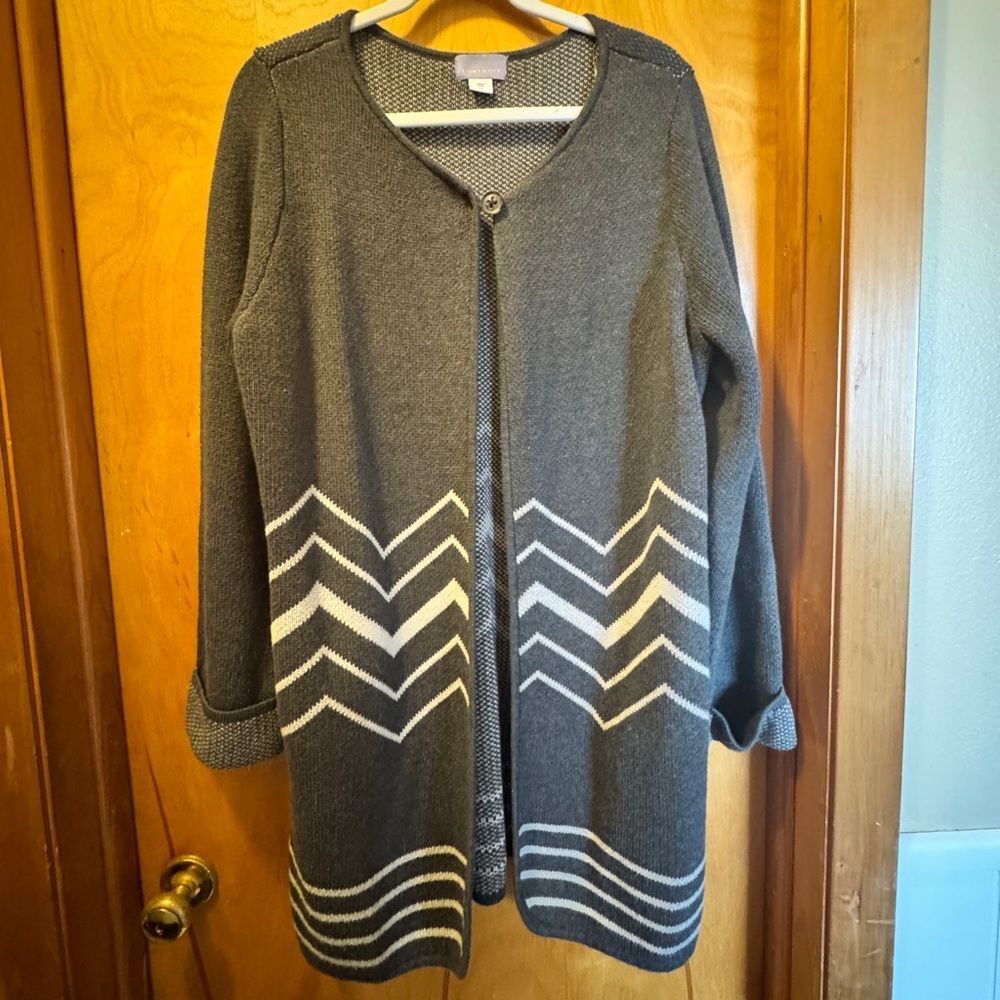Laura Scott Gray Cardigan with White Chevron Detail